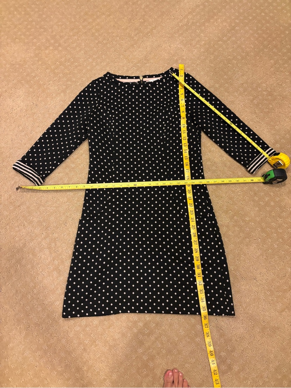Boden Polka Dot Ponte Dress 6R Black Cream Striped Cuffs Pockets Mod Retro